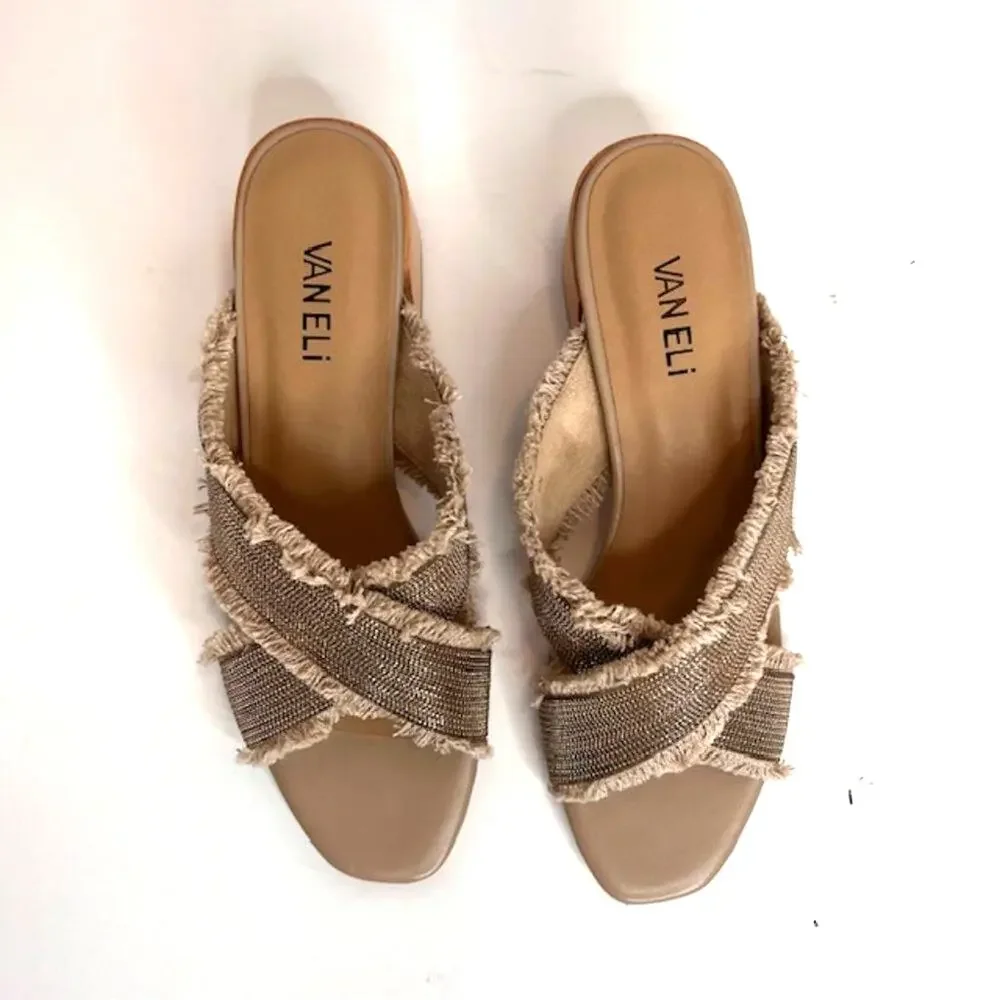 Vaneli Hedda Natural Canvas Fringe Block Heel Slide Sandals 8N Boho Chic